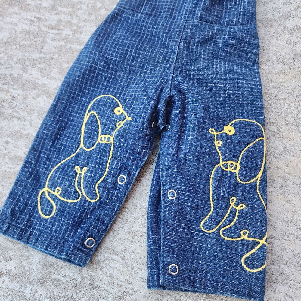 VTG Rodeo Drive Cali Baby Checkered Denim Blue Overalls, Embroided Yellow Dog,9M - Picture 2 of 8